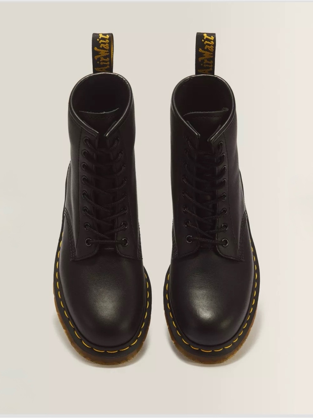 Dr. Martens Black Leather Lace-Up Combat Boots with Yellow Stitching